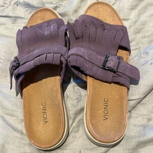 Vionic purple suede fringe slides size 10